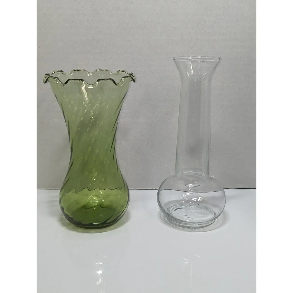 Blown Glass Flower Vase Set Green Ruffled Fluted Rim Optic Swirl & Clear Slender